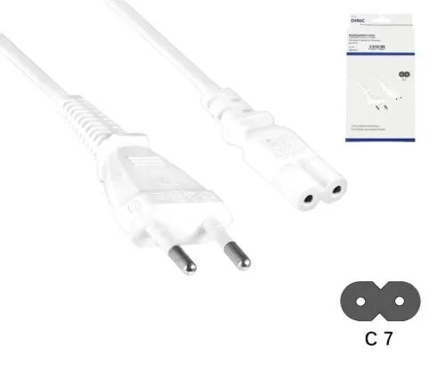 Voedingskabel Eurostekker type C naar C7, 0,75mm², Eurostekker/IEC 60320-C7, VDE, wit, lengte 2,00m, DINIC doos